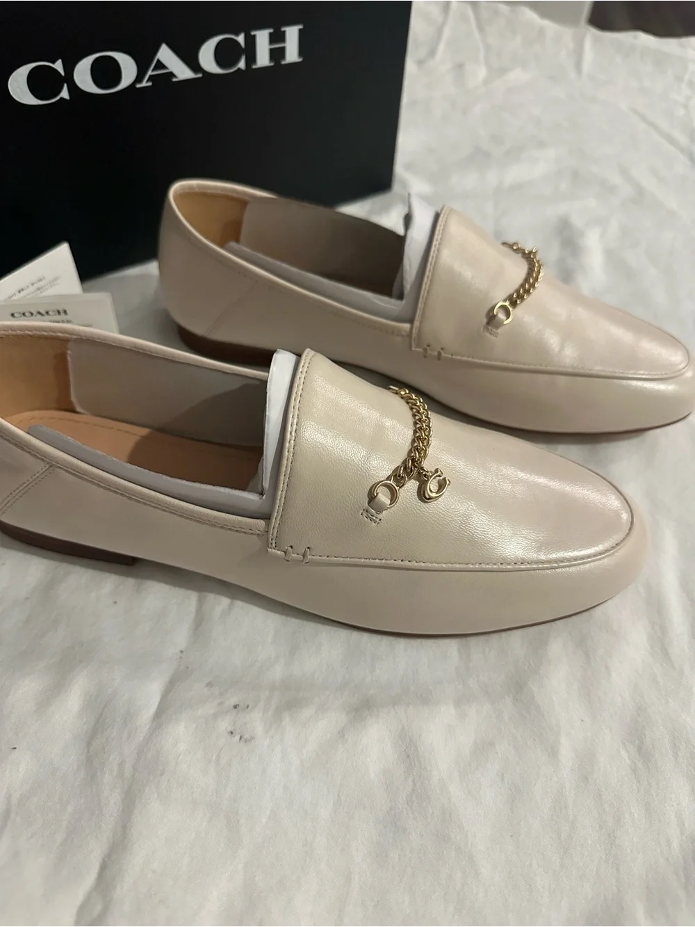 Coach Women's Cream Leather Chain-Trim Loafers